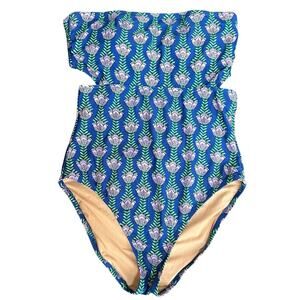 J. Crew Factory Blue Once Piece Cut Out Strapless Swimsuit Size M Flora Bandeau